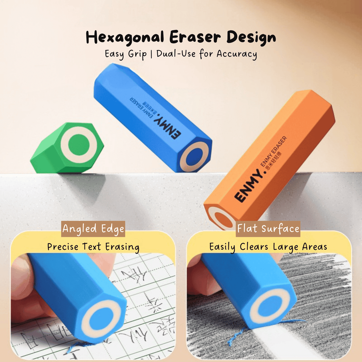 Promotional graphic for a hexagonal eraser showing three color variants: blue, orange, and green. ENMY Soft Hexagonal Eraser for Students 6PCS/Set Aesthetic Portable Rubber and displays the three erasers floating in the air.